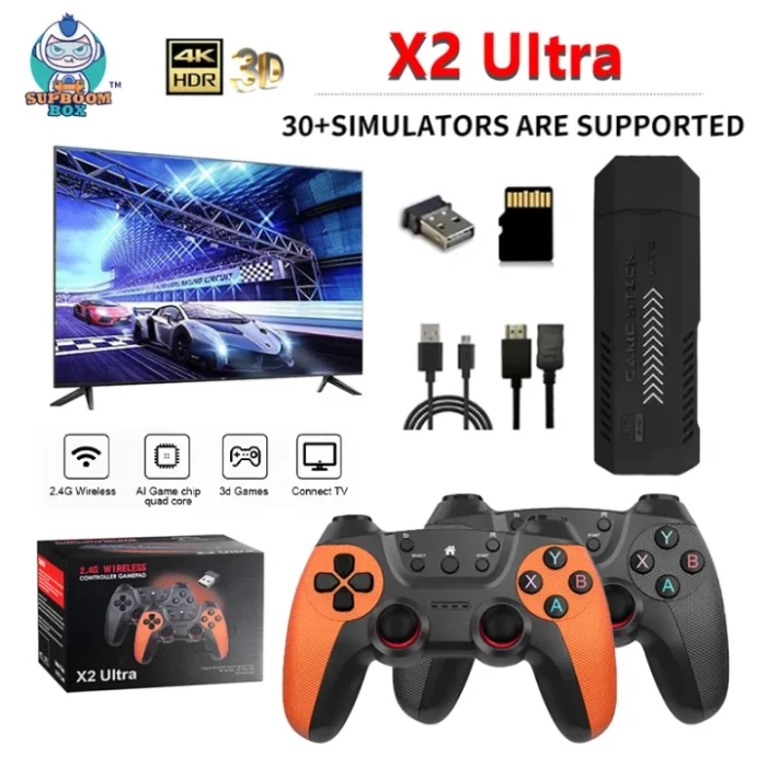 X2 Ultra Console de Jeu rétro, Manette de Jeu vidéo avec Deux manettes sans Fil Rechargeables 2,4GHz,Plus de 31000 Jeux rétro intégrés,Plus de 33 émulateurs,Sortie HD 4K,Plug and Play(64Go